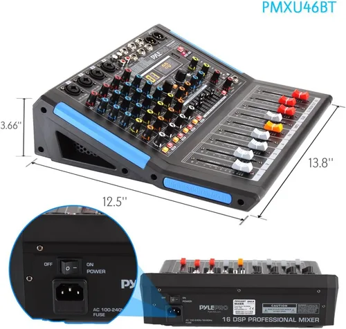Vista 3 de Pyle - Mezclador de audio de estudio Bluetooth de 4 canales - Interfaz controladora de sonido DJ con unidad USB para entrada de grabación de PC