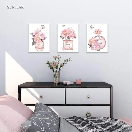 Vista 3 de SUMGAR Arte de pared rosa para dormitorio de niñas, decoración de pared de perfume de moda, flores, mariposas, cuadros de lienzo con marco gris