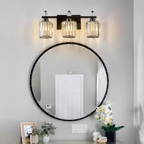 Vista 7 de Luces de Tocador de Baño de 3 Luces, Placado Negro, Modernas Luces de Tocador de Cristal para Baño, Luces de Tocador de Cristal para Usar Sobre