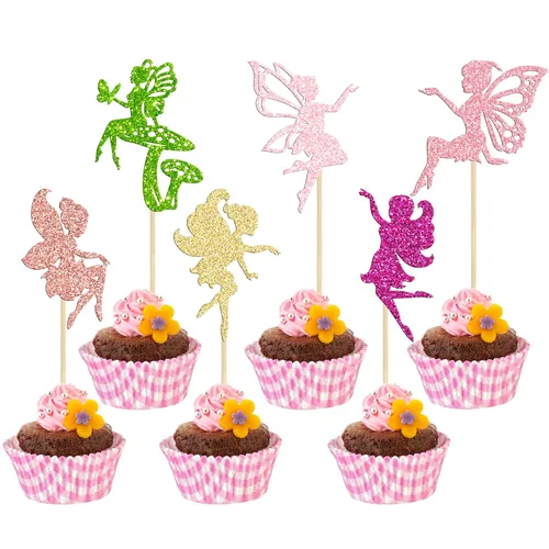 Vista 12 de Gyufise Paquete de 24 adornos para cupcakes con purpurina negra que nunca crecen para cupcakes en P Pan para baby shower Never Grow Up
