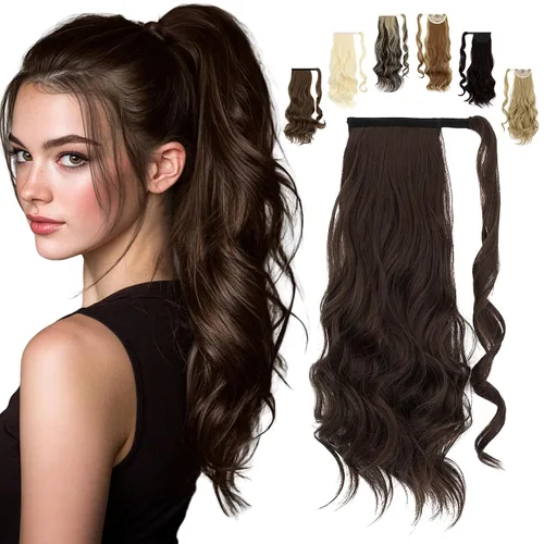 Vista 25 de FELENDY Extensión de cola de caballo, extensiones de cabello largo envolvente de 18 pulgadas, extensiones de cabello ondulado y rizado con clip