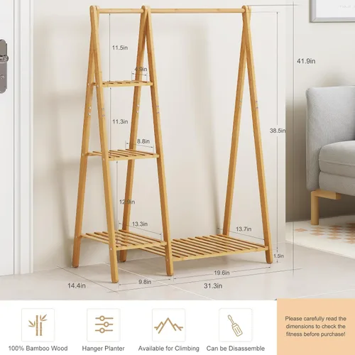 Vista 5 de Perchero pequeño de bambú, perchero de ropa para niños, mini perchero de madera con estantes, percheros cortos para disfraces para colgar paños
