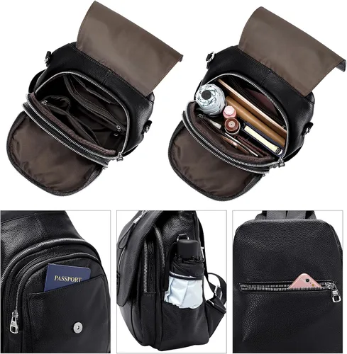 Vista 6 de ALTOSY Mochila de cuero genuino para mujer, bolso de hombro convertible con solapa de hebilla