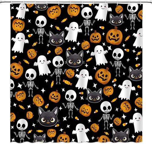 Vista 2 de Cortina de ducha de Halloween, castillo aterrador, calabaza, camión, calavera, murciélago de terror, luna llena, bruja, tela gótica, juego
