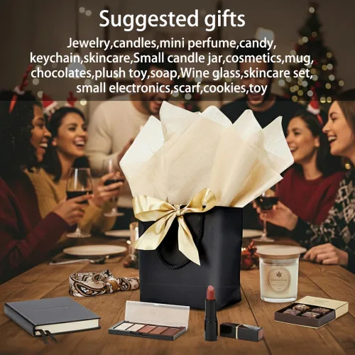 Vista 4 de Aosric Paquete de 12 bolsas de regalo negras con cinta de lazo, 7.48 x 3.54 x 7.9 pulgadas, elegante bolsa de regalo de cartulina pequeña con asas