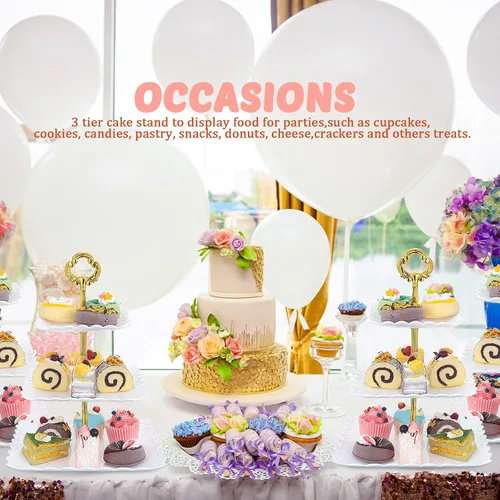 Vista 7 de 6 juegos de 3 niveles de soporte para cupcakes de fiesta de té, platos de postre de plástico blanco para cupcakes, bandejas cuadradas para tartas