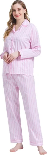 Vista 3 de Amaxer Conjunto de pijama 100% algodón para mujer, de manga larga, suave, con botones, con cordón elástico