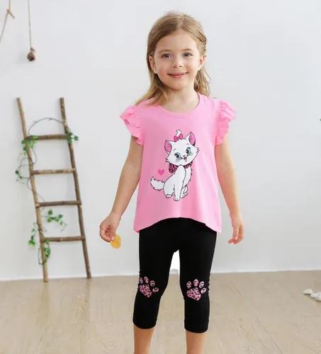 Vista 4 de Popshion Conjuntos de verano de 2 piezas para niñas pequeñas, camiseta de manga con vuelo y leggings capri recortados, ropa para niños, conjuntos