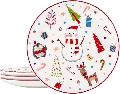 Vista 7 de Bico Juego de 4 platos de ensalada de gnomos de Navidad, platos de postre de cerámica de 8.75 pulgadas para ensalada, aperitivo, guarniciones