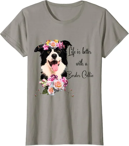Vista 86 de Life is Better With a Border Collie - Camiseta de perro lindo con flores, gris, S Gris Oscuro