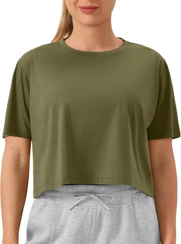 Vista 6 de THE GYM PEOPLE - Camiseta de entrenamiento para mujer, manga corta, básica, recortada, deportiva, de yoga, para correr, estilo boxy Verde militar