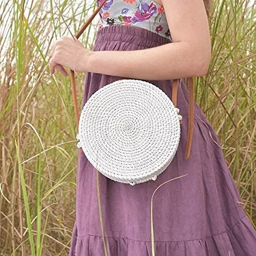 Vista 2 de Natural Neo - Bolsa tejida a mano de mimbre redonda y elegante con correas de cuero natural