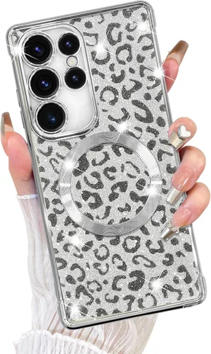 Vista 23 de Fiyart Funda diseñada para Samsung Galaxy S21, compatible con MagSafe Cheetah Print Plate, protección de cámara, transparente, magnética