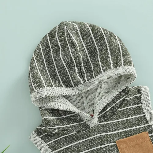 Vista 4 de Conjunto de ropa de verano para bebés y niños pequeños, a rayas, liso/teñido anudado, sin mangas, sudadera con bolsillo y pantalones cortos