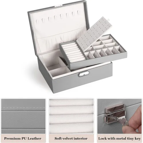 Vista 4 de Joyero para mujeres y niñas, contenedor organizador de joyas de 2 capas con cerradura, estuche de almacenamiento de piel sintética con bandeja