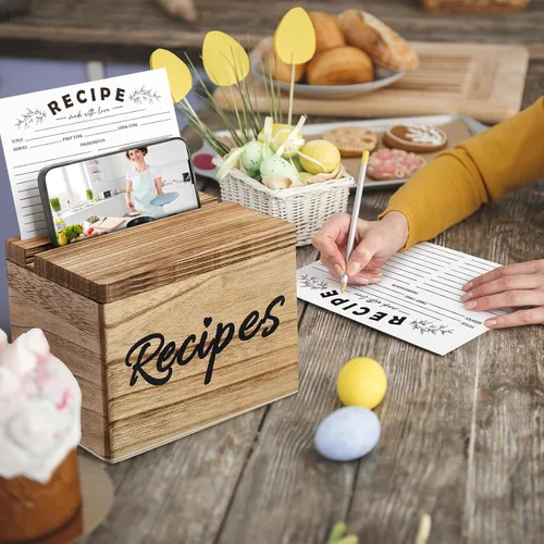 Vista 6 de Hoteam Caja de Recetas de Madera con Tarjetas, Soporte para Tarjetas de Recetas de Madera Rústica con 50 Piezas, Juego de Tarjetas de 5 x 7, Caja