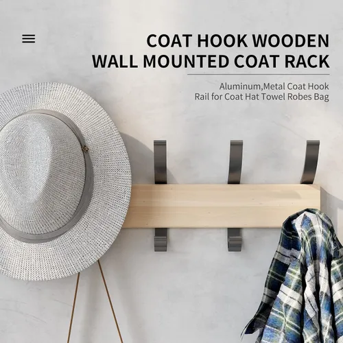 Vista 6 de Perchero de madera maciza para colgar en la pared, colgador de entrada, perchero de madera de metal con 5 ganchos de aluminio negro para bufanda