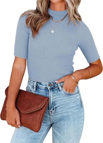 Vista 2 de REORIA Leotardos básicos de manga media con cuello alto falso para mujer, estilo casual, de punto acanalado