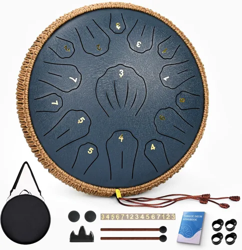 Vista 10 de Tambor de Lengua de Acero - 12 Pulgadas 15 Notas, Tambores de Lengua de Acero para Niños y Adultos, Handpan de Acero con Mazos, Hang Drum con Libro