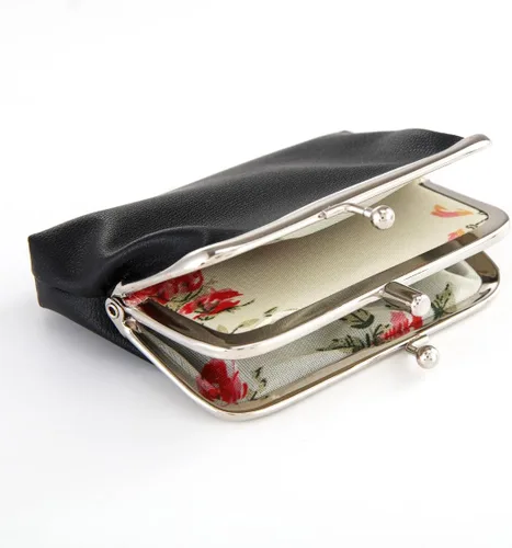 Vista 4 de Monedero de doble capa para mujeres y niñas, de piel sintética, con cierre de beso, mini cartera para llaves, tarjetero, Negro