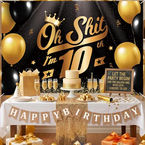 Vista 5 de Oh S*hit I'm 10th Banner telón de fondo negro dorado globos corona confeti Hallo Quince Cheers to 10 años decoración temática decoración para hombre