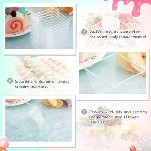 Vista 4 de 150 vasos de plástico de 3 onzas para postre con tapas y cucharas, tazas cuadradas para parfait, recipientes transparentes desechables para helado