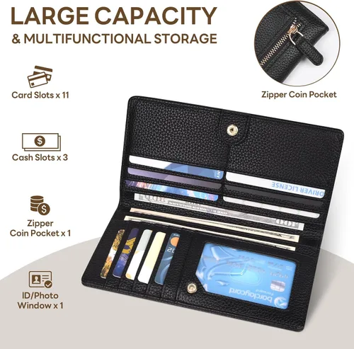 Vista 4 de Billetera para mujer, billetera RFID extradelgada, bolso plegable de cuero, con 11 ranuras para tarjetas y ventana de identificación, lindo monedero