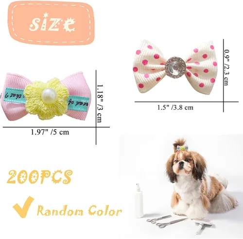 Vista 2 de 200 lazos para el pelo de perro, 100 pares de lazos de metal con clip para perro con perlas y flores para peluquero, niño, niña, Yorkie, cachorros