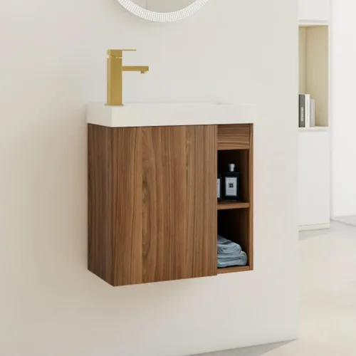 Vista 20 de Tocador de baño flotante de 12 pulgadas con fregadero, tocador de pared de 12 pulgadas, tocador de esquina, con 1 puerta y lavabo de cerámica