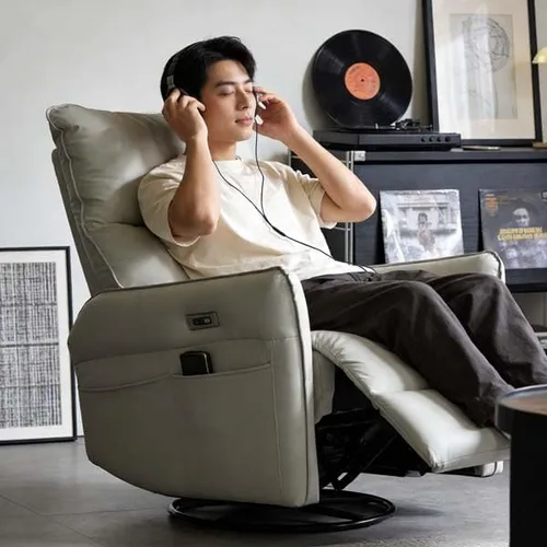 Vista 3 de Silla reclinable eléctrica giratoria eléctrica, con puertos USB, piel sintética para sala de estar (gris claro)