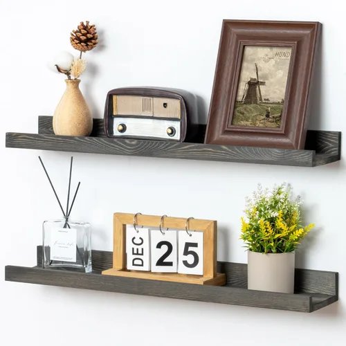 Vista 14 de FLYJOE Estante de repisa de fotos para pared, 24 pulgadas de madera de fresno maciza, estantes para libros de guardería, estantes flotantes
