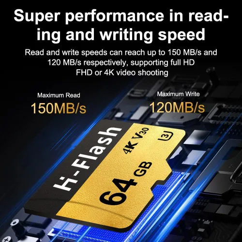 Vista 5 de Tarjeta TF de 64 GB U3 V30 4K, paquete de 5, tarjeta de memoria de alta velocidad de hasta 150 MB/s, tarjeta de memoria TF de alta velocidad