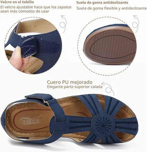 Vista 4 de SHIBEVER Sandalias de cuña para mujer Verano: zapatos elegantes con 16 Azul