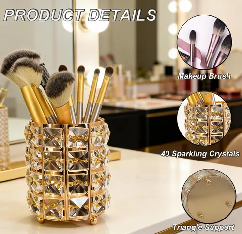 Vista 5 de Organizador de brochas de maquillaje, caja de almacenamiento de cosméticos con cristales brillantes para cepillos, peines y bolígrafos, contenedor