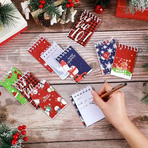 Vista 7 de 24 piezas de mini libretas en espiral de Navidad, pequeños blocs de notas con temática navideña, mini cuadernos con patrón de muñeco de nieve