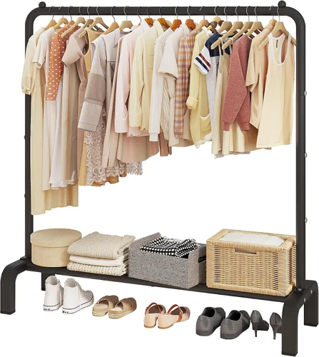 Vista 7 de JIUYOTREE Perchero de ropa estándar con estantes de almacenamiento, organizador de ropa para colgar ropa, abrigo, chaqueta, camisa, suéter, jeans