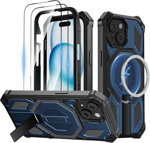 Vista 24 de Funda magnética para iPhone 15 con soporte y protector de pantalla [compatible con Magsafe] antideslizante, cuerpo completo, doble capa, resistente