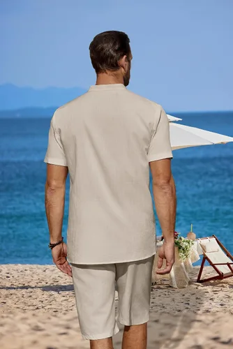 Vista 3 de COOFANDY - Conjunto de 2 piezas de lino para hombre, camisas Henley casuales de manga corta, pantalones cortos de playa, yoga, pantalones de verano