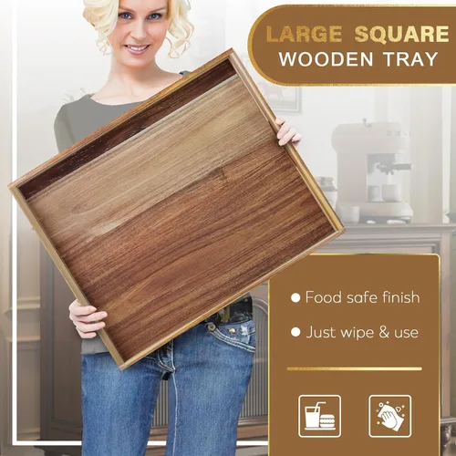 Vista 4 de MAONAME Bandeja otomana extra grande, bandeja de servir de madera de acacia de 22 x 18 pulgadas con asas, bandejas decorativas de madera