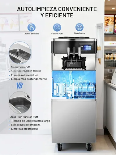 Vista 8 de Máquina de helado comercial de 5.8-7.9 galones/h, 3 sabores suaves con tolva de 14 L, máquina de helado de limpieza automática con panel LCD táctil