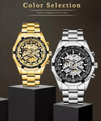 Vista 6 de FANMIS Relojes de esqueleto para hombre, reloj automático de lujo con pulsera de acero inoxidable