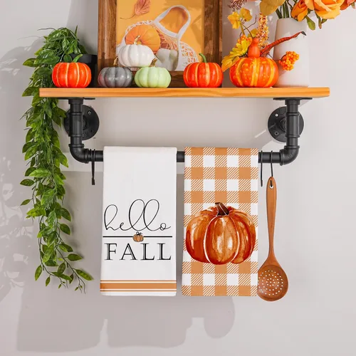 Vista 4 de Siilues Juego de 2 toallas de cocina de otoño, 18 x 26 pulgadas, diseño de calabaza, decoraciones de otoño para el hogar, temporada de otoño, Acción