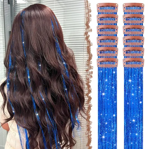 Vista 7 de FESHFEN Juego de 12 extensiones de cabello con clip, color negro, con clip, con purpurina, kit de accesorios coloridos para mujeres, de 20 pulgadas
