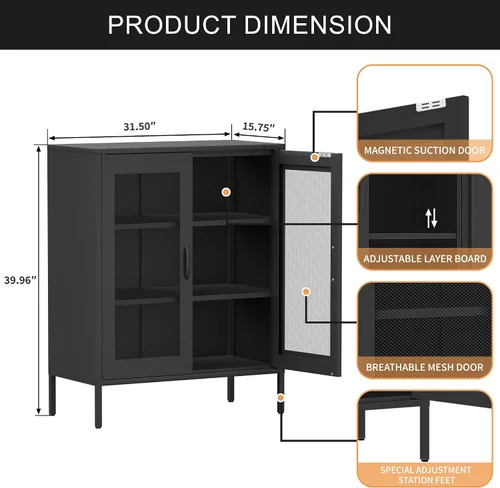 Vista 9 de Gabinete de almacenamiento de metal ancho negro, gabinete de acento de 2 puertas para el hogar y la oficina, gabinete de metal bajo de 2 niveles