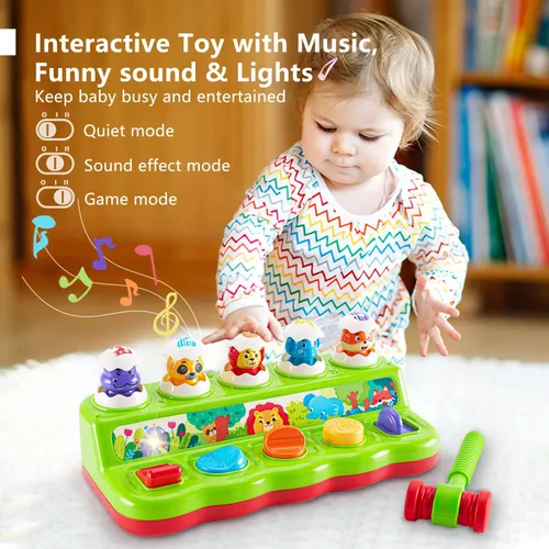 Vista 3 de Juguetes de 1 año para niños y niñas, regalo de cumpleaños, causa y efecto, juguete desplegable de animales con música y luz para niños pequeños