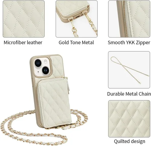 Vista 7 de LAMEEKU Funda tipo cartera diseñada para iPhone 14 con tarjetero y cadena cruzada para mujer, funda RFID a prueba de golpes, compatible con iPhone