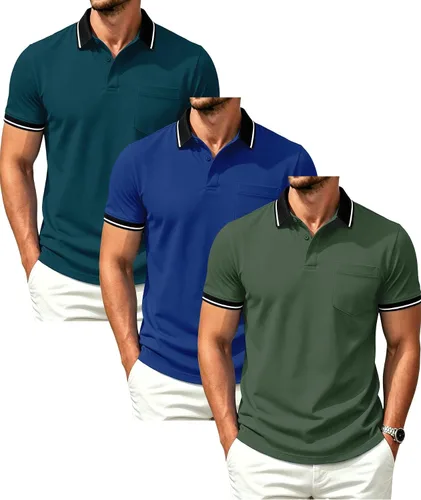 Vista 20 de GEEK LIGHTING Paquete de 3 camisas polo de manga corta con bolsillo para Negro Gris Armygreen