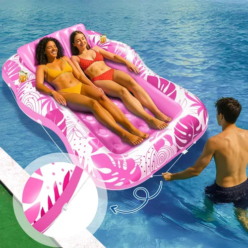 Vista 6 de Tumbona de piscina bronceadora – Flotador inflable grande de 59 x 78.7 pulgadas para adultos, bañera de sol 2 en 1 y balsa de descanso con soportes
