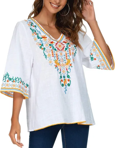Vista 3 de YZXDORWJ Blusa campesina mexicana bordada con cuello en V para mujer