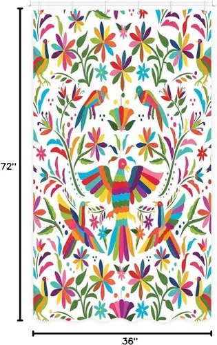 Vista 6 de Cortina de ducha con diseño floral de México, para baño, estilo tradicional mexicano Bluebird Otomi, diseño brillante, tela de cachemira, tela